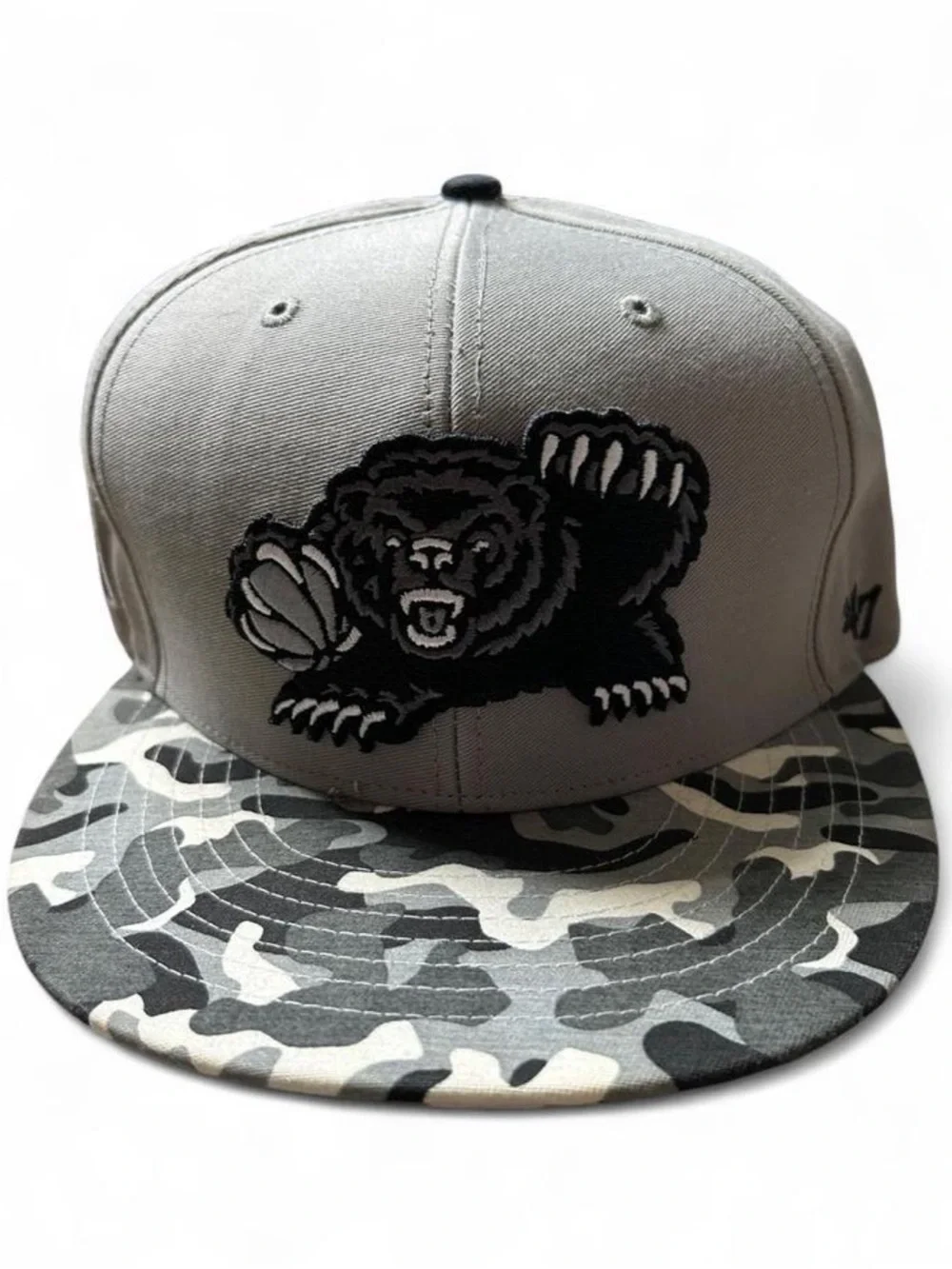 47 Brand Gray Bear Logo Snapback Hat with Camo Brim
